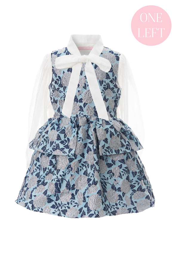 Blue and Silver Jacquard Dress with Chiffon White Bow Blouse