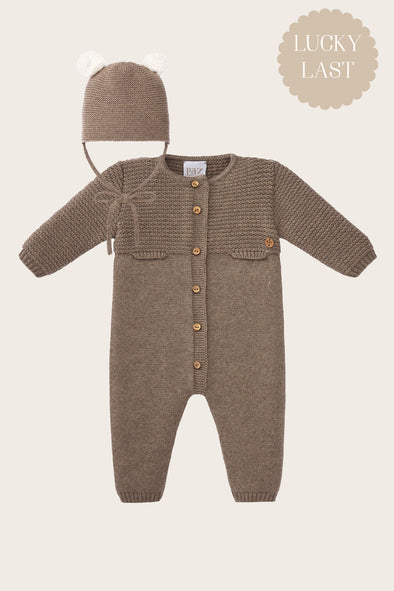 Brown Wool Knitted Babysuit and Beanie