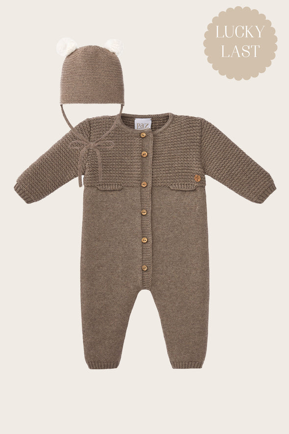 Brown Wool Knitted Babysuit and Beanie