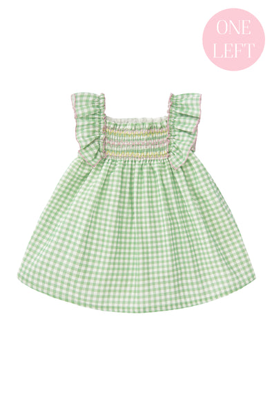 Green Gingham Shirred Embroidered Dress