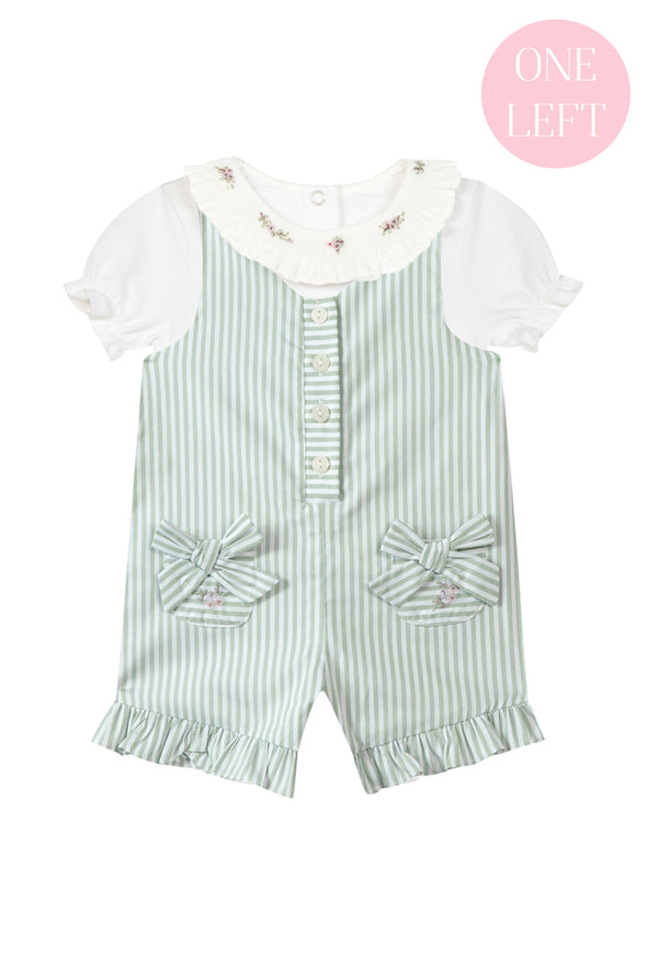 Green Stripe Flower Embroidered Dungaree Set