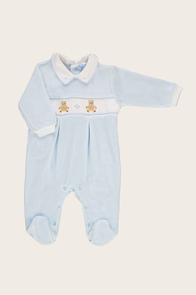 Blue Velour Smocked Nursery Bear Babysuit