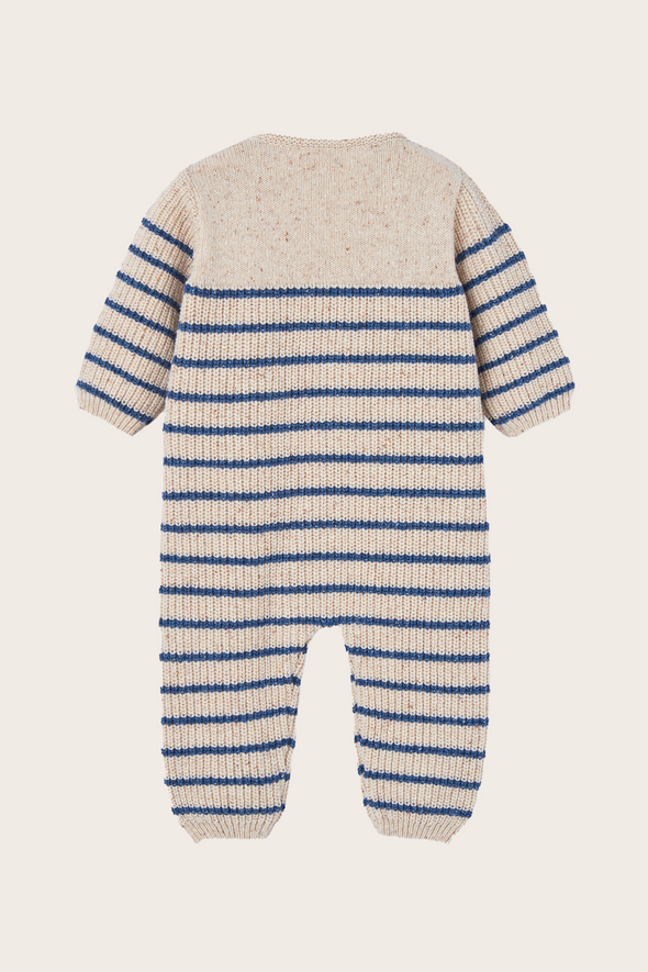 Navy and Beige Striped Babysuit with Beanie