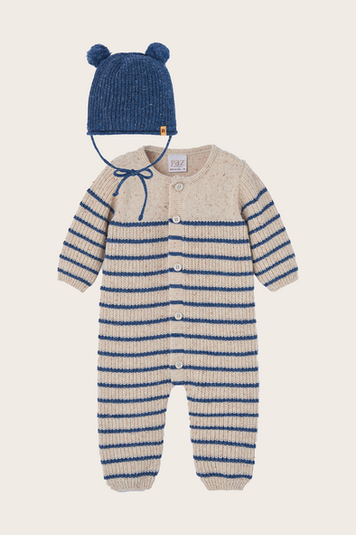 Navy and Beige Striped Babysuit with Beanie