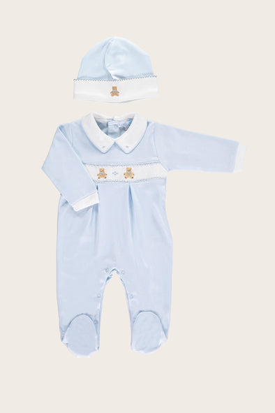 Blue Smocked Nursery Bear Babysuit Set