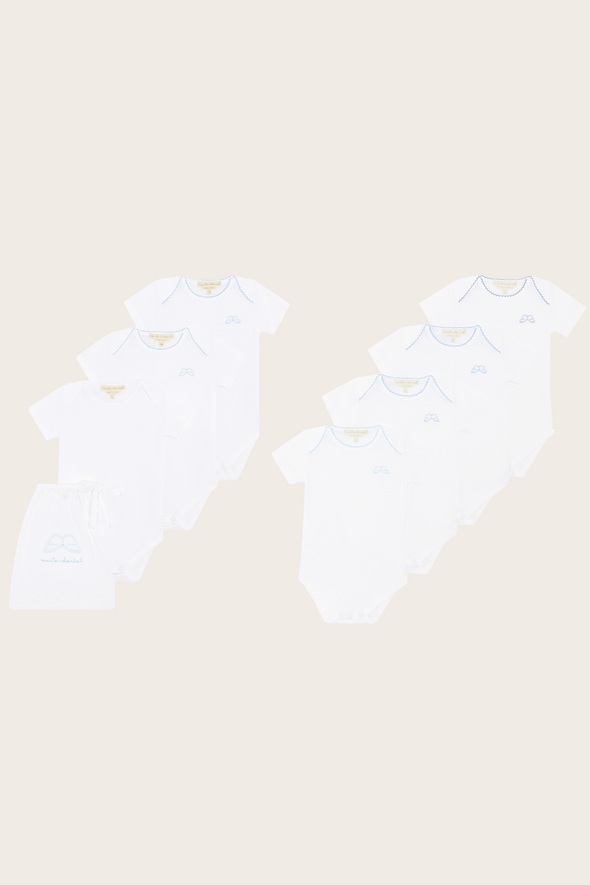 Set of 7 Blue Angel Wing Short Sleeve Babysuit