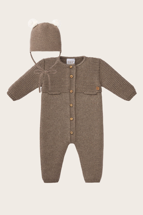 Brown Wool Knitted Babysuit and Beanie