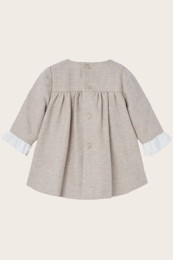 Beige Herringbone Smocked Dress with Bow