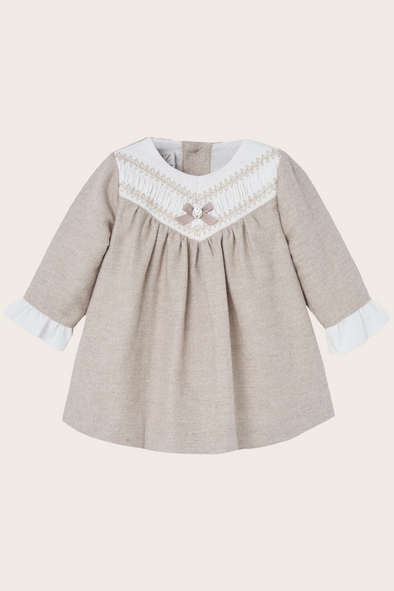 Beige Herringbone Smocked Dress with Bow