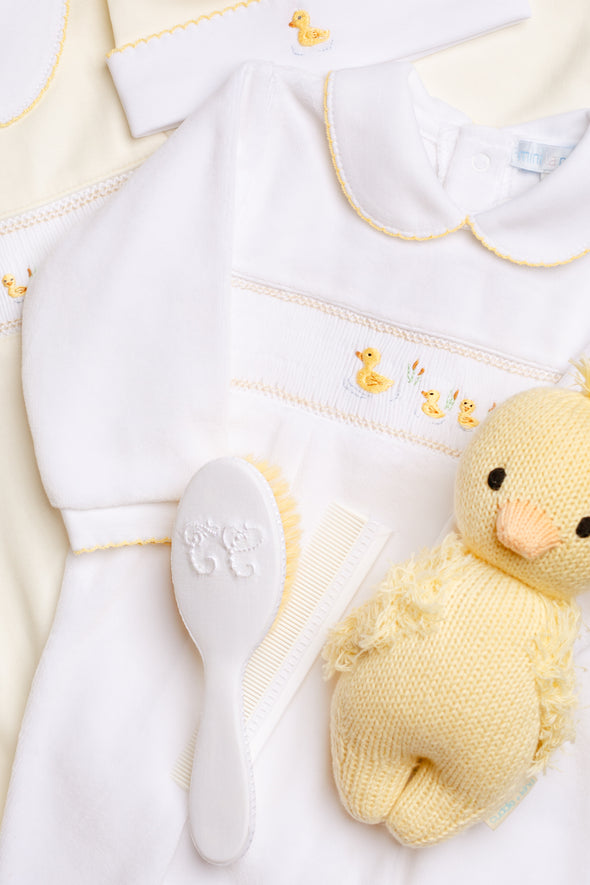 White Velour Smocked Duckling Babysuit