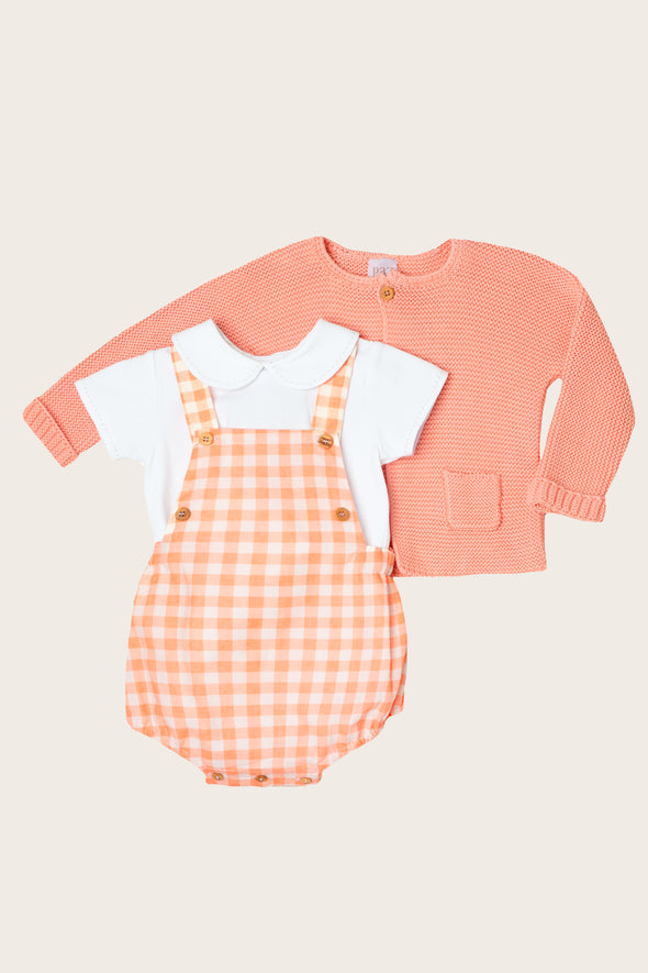Apricot Gingham Romper and Cardigan