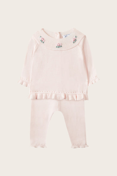 Pale Pink Knitted Rose Embroidered Set