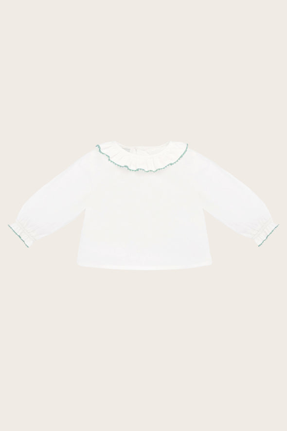 Sage Knitted Embroidered Bubble and Frill Blouse