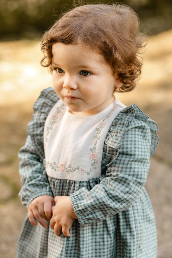 Sage Gingham Flower Embroidered Dress