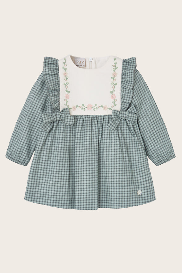 Sage Gingham Flower Embroidered Dress