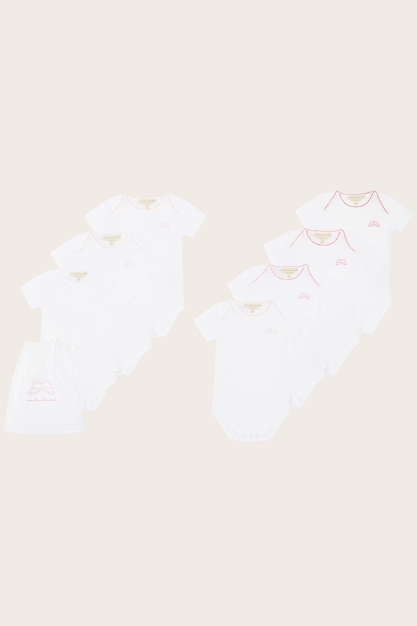 Set of 7 Pink Angel Wing Short Sleeve Babysuit