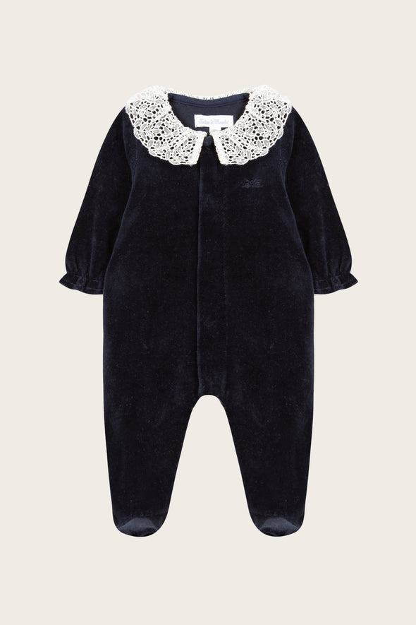 Navy Velour Lace Collar Babysuit