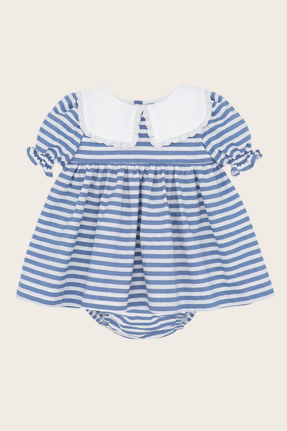Blue Striped Embroidered Collar Dress and Bloomer