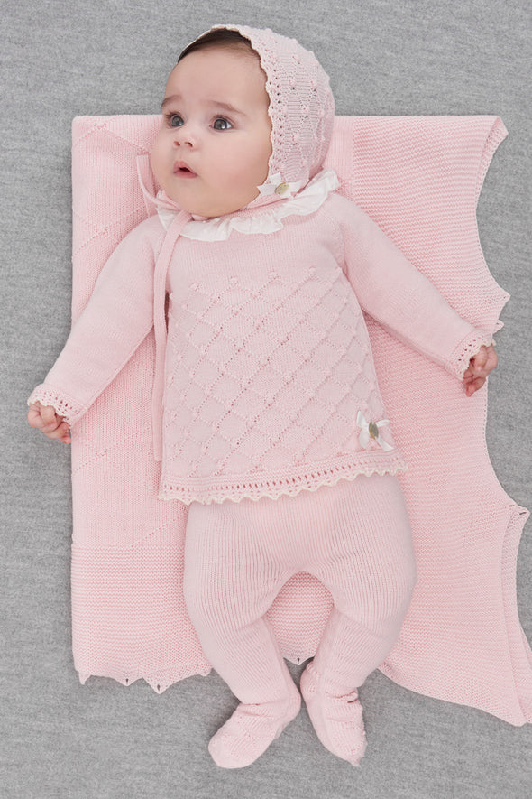 Pink Wool Knitted Three Piece Baby Set