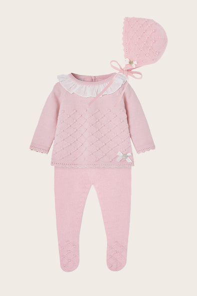 Pink Wool Knitted Three Piece Baby Set