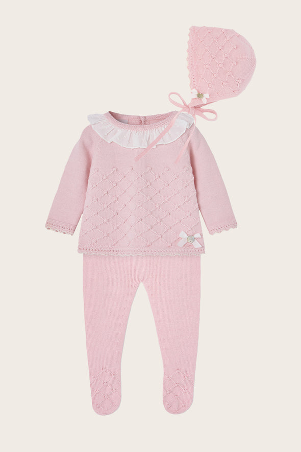 Pink Wool Knitted Three Piece Baby Set