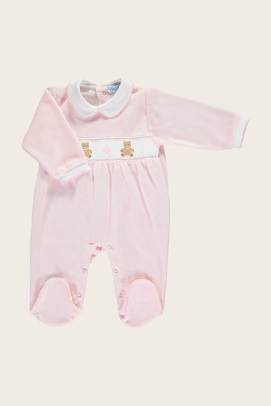 Pink Velour Smocked Nursery Bear Babysuit