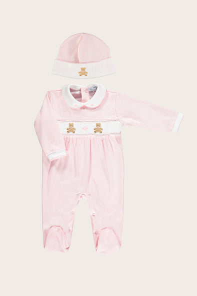 Pink Smocked Nursery Bear Babysuit Set