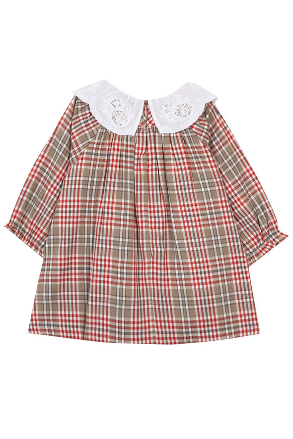 Red and Brown Check Frill Collar Girl Dress