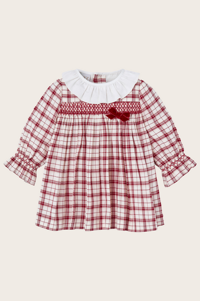 Red Check Smocked Dress with Velvet Bow