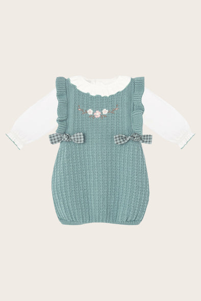 Sage Knitted Embroidered Bubble and Frill Blouse