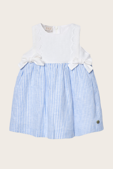 Blue and White Striped Linen Bow Dress