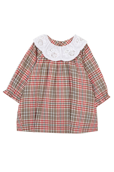 Red and Brown Check Frill Collar Girl Dress