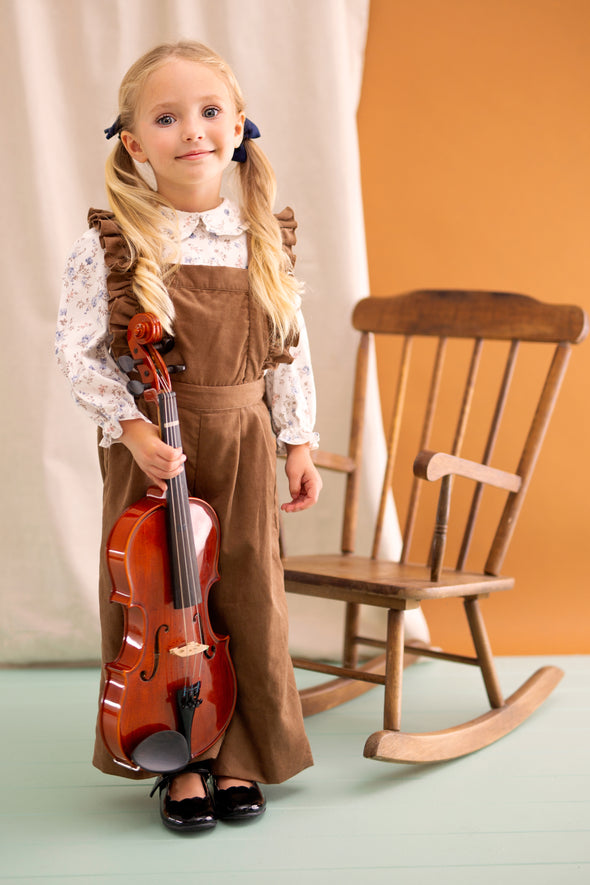 Brown Corduroy Overalls with Floral Peter Pan Collar Blouse