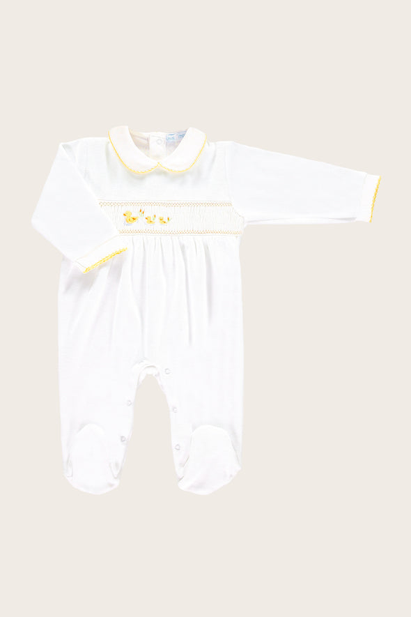 White Velour Smocked Duckling Babysuit