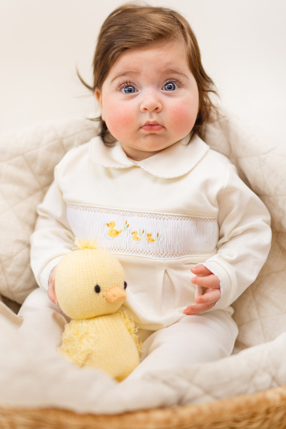 Pale Yellow Smocked Duckling Babysuit Set