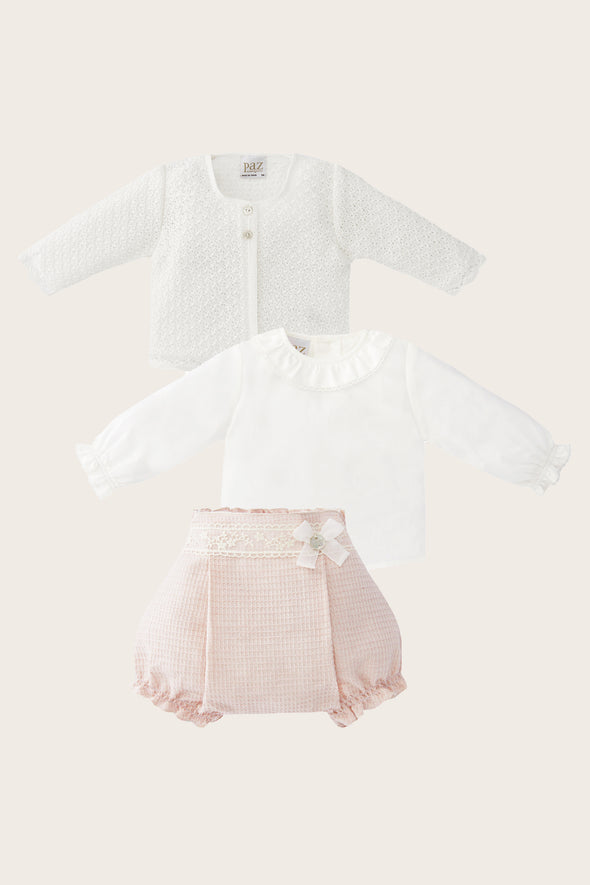 Quilted Lace Bloomer Set with Crochet Cardigan