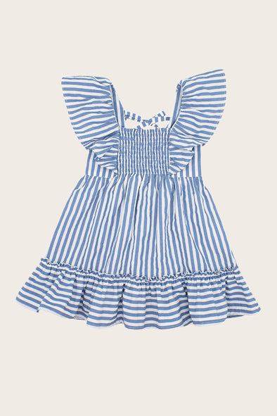 Blue Striped Shirred Ruffle Dress