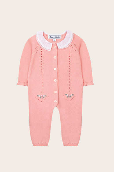 Coral Pink Knitted Embroidered Babysuit