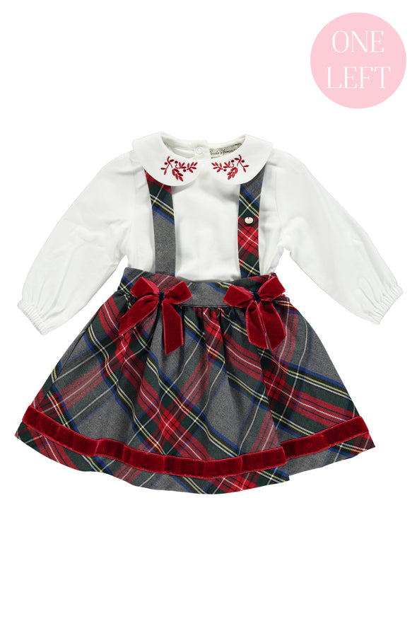 Embroidered Blouse and Tartan Pinafore Set