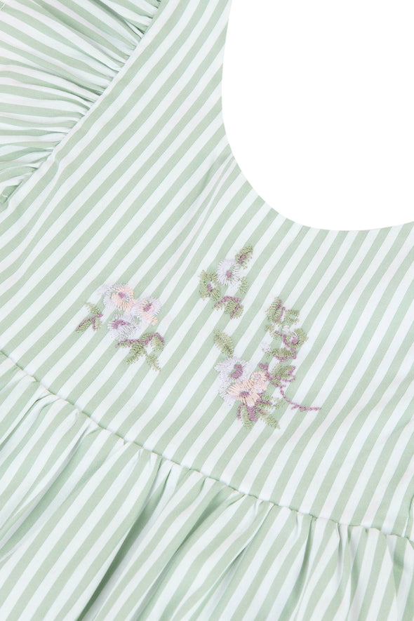 Green Stripe Flower Embroidered Dress