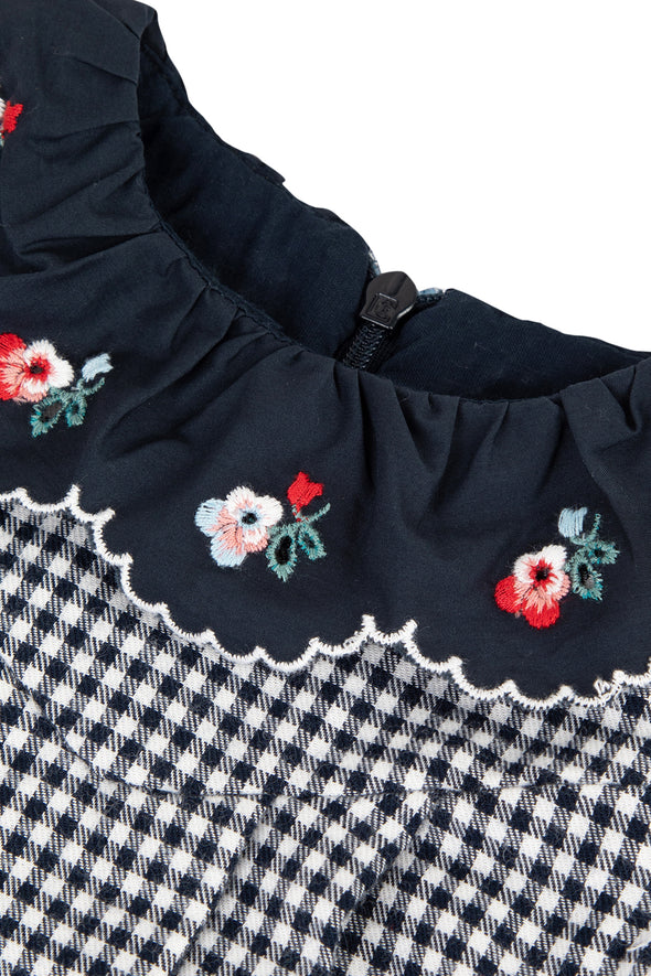 Floral Embroidered Navy Check Dress