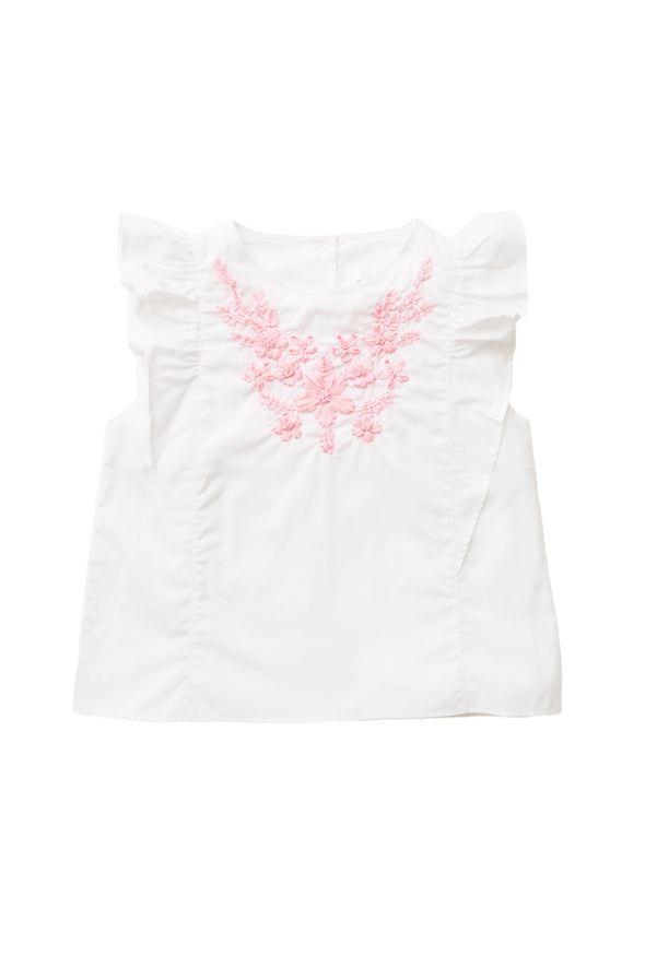 Pink Embroidered Flutter Sleeve Blouse