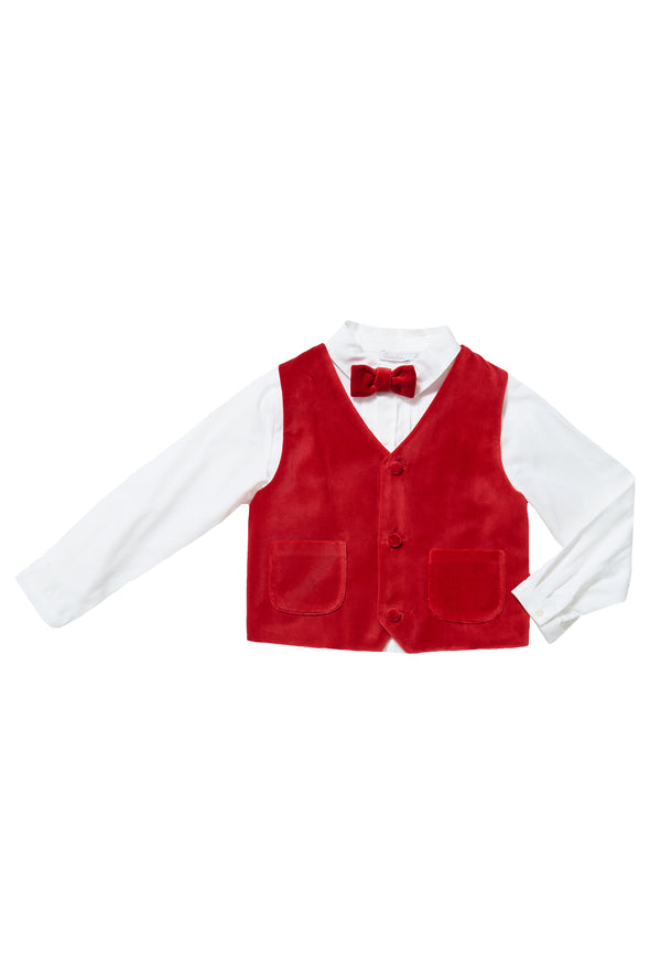 Red Velvet Waistcoat and Bow Tie Shirt Set