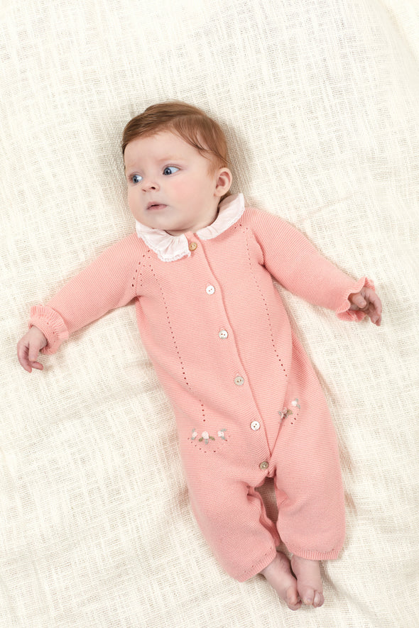 Coral Pink Knitted Embroidered Babysuit